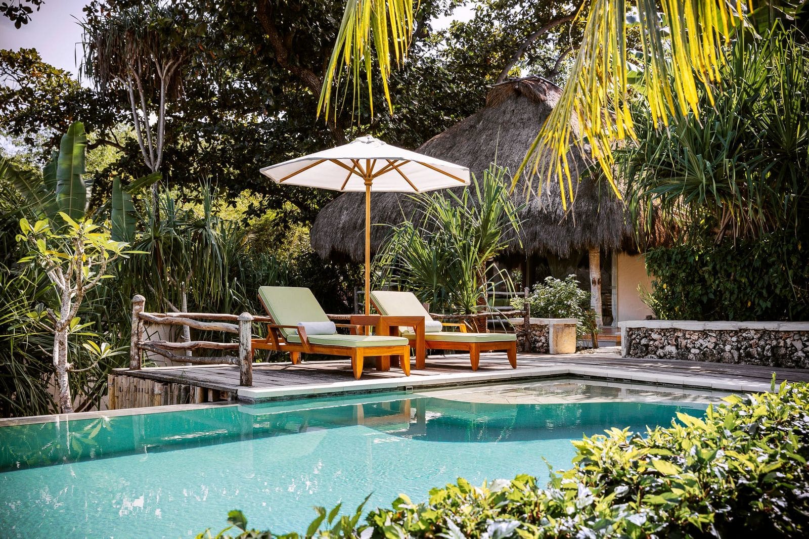 Private villa pool framed by tropical planting