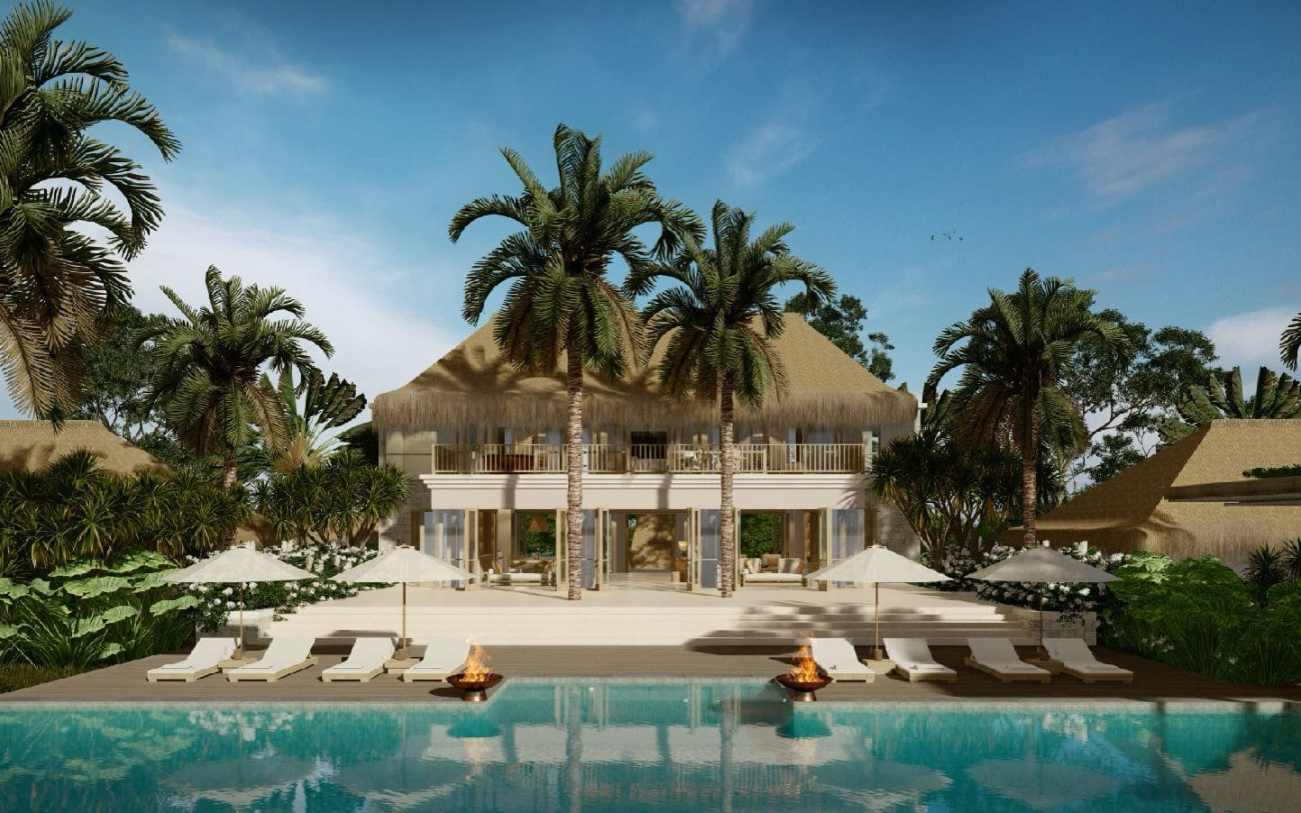 Villa facade with palms and infinity pool at dusk
