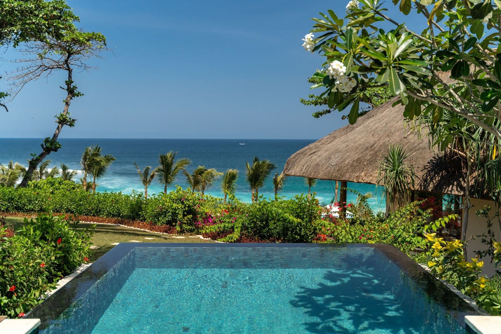Private plunge pool overlooking palms and the turquoise Indian Ocean