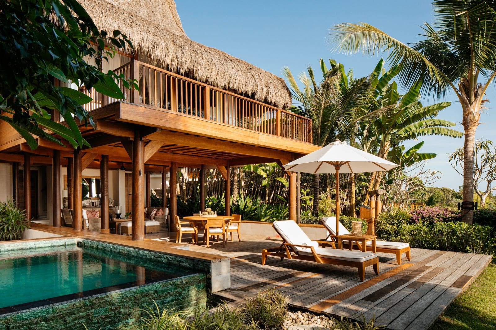 Two-story thatched villa with private pool and deck